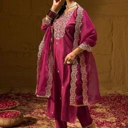 Indo Era Women Floral Embroidered Regular Sequinned Liva Kurta with Trousers & With Dupatta-picture-14