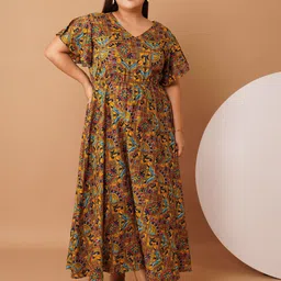 U&F Beyond Women Ethnic Motifs Printed V-Neck Fit & Flare Midi Dress-picture-39