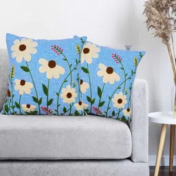 MONKDECOR Blue & Black 2 Pieces Floral Embroidered Linen Square Cushion Covers-image-19