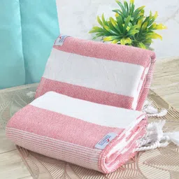 FABINALIV Red & White 2 Striped Cotton 225 GSM Bath Towel-image-3