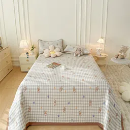 JC HOME White & Brown Checked 162 TC Double Queen Bed Cover With Pillow Covers-16