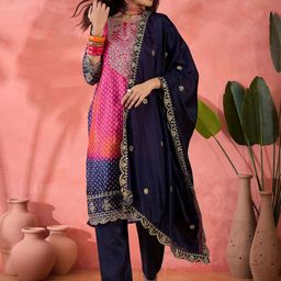 HERE&NOW Women Bandhani Embroidered Kurta with Trousers & Dupatta-image-67