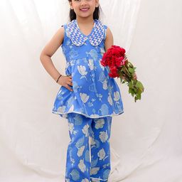 BownBee Girls Floral Printed Peter Pan Collar Pure Cotton Kurta With Trousers-image-93