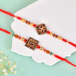 Aapno Rajasthan Set Of 2 Om & Swastik Wooden Rakhis With Roli Chawal & Greeting Card-image-29