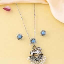 Voylla Silver-Plated Stone-Studded & Beaded Qasbah Nandi Oxidised Two Tone Jewellery Set-8
