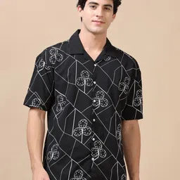 Bushirt Men Classic Cuban Collar Geometric Printed Oversized Casual Shirt-image-77
