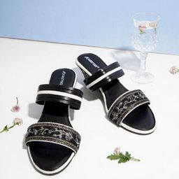 Kneetoes Women Bold Black Embroidered Wedge Sandals-image-39