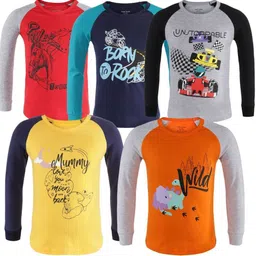 TotzTouch Boys Pack Of 5 Graphic Printed Round Neck Long Sleeves Pure Cotton T-shirts-image-4