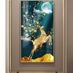 THE NEXT DECOR Gold-Toned & Teal Antlers and Blossoms Glass Finish Vertical Wall Art-image-87