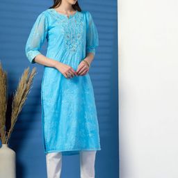 Sangria Floral Embroidered Notch Neck Straight Kurta-image-19