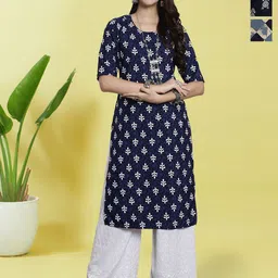 HERE&NOW Selection Of 3 Ethnic Motifs Printed Round Neck Straight Kurta-image-71