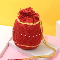 ITIHASIKALA Women Red Crochet Potli Bag-image-13