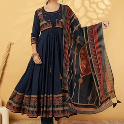 KIMAYRA Women Ethnic Motifs Printed Pleated Pure Cotton Kurta with Trousers & With Dupatta-57