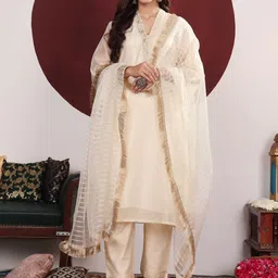 Varanga Floral Embroidered Round-V Straight Kurta With Trousers & Dupatta-image-85