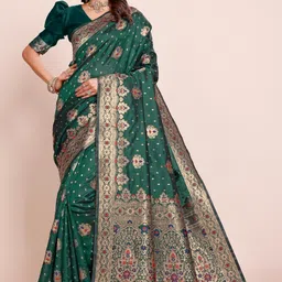 DIVASTRI Ethnic Motifs Zari Silk Blend Banarasi Saree-image-29