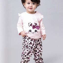Hopscotch Girls Pink & Multi Colored Cat T-shirt & Printed Joggers Set-picture-42