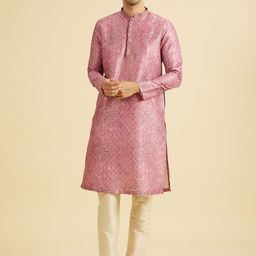 Manyavar Floral Printed Mandarin Collar Art Silk Straight Kurta With Pyjamas-image-81