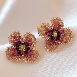 KRENOZ Gold-Plated Artificial Beaded Floral Shaped Studs-3
