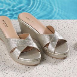 Metro Women Peep Toe Metallic Wedge Heel Sandals-image-91