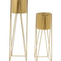 THREADVIBE LIVING Set Of 2 Yellow Metal Triangle Planters With Stand image 5