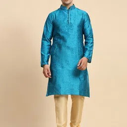 SKAVIJ Mandarin Collar Ethnic Motifs Woven Design Straight Kurta with Churidar-image-35
