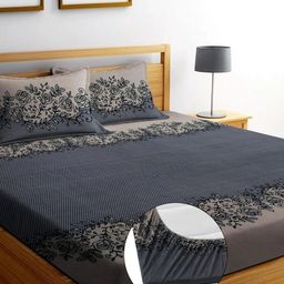 Myntra Elegant Homes Grey & Black Floral 300 TC Fitted King Bedsheet Set- 1.82mx1.98mx8cm-image-92