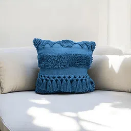 LUSHLYF Blue 3 Pieces Self Design Embroidered Cotton Square Cushion Covers image 5