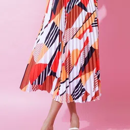 ZWERLON Printed Pleated A -Line Midi Skirt,-picture-14