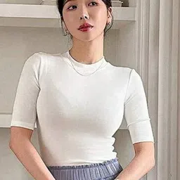 Istyle Can Women Solid Round Neck Short Sleeve Fitted Top-image-89