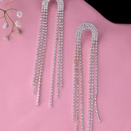 DressBerry Silver-Plated Crystals Stones Studded and Beaded Tasselled Drop Earrings-15