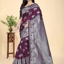 MORDEN MUSE Floral Woven Design Zari Kanjeevaram Saree With Unstitched Blouse-picture-14