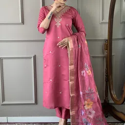 Moda Rapido Women Ethnic Motifs Embroidered Chanderi Silk Kurta with Trousers & Dupatta-picture-47
