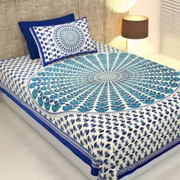 POORAK Blue & White Jaipuri Print 104 TC Single Bedsheet with 1 Pillow Covers-image-83