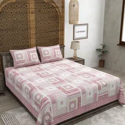 CLOTHOLOGY Jaipuri Prints Pink & White Geometric 180 TC King Bedsheet with 2 Pillow Covers-image-95