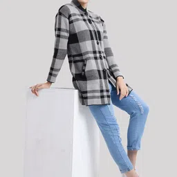 HAUTEMODA Women Checked Woollen Longline Cardigan-image-9