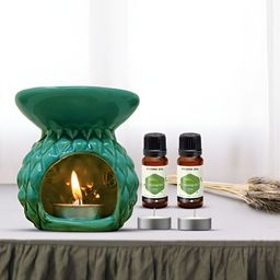 PEEPALCOMM 3Pc Green Texture Ceramic T-Light Burner Diffuser & Aroma Oils 15 ml Each-image-64