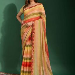 Moda Rapido Striped Mirror Work Pure Georgette Leheriya Saree-picture-36