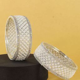 ZULKA Set Of 2 Silver-Plated Artificial Stones and Beads-Studded Kada Bangles-image-95