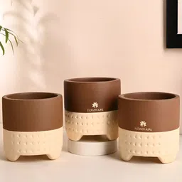 Floweraura 3-Pcs Brown & Cream Textured Teracotta PlantersPot-24