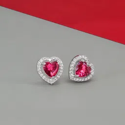 PRIVIU Rhodium-Plated American Diamond Studded Heart Shaped Studs-15