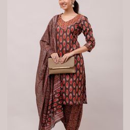 RAAKA Women Floral Embroidered Regular Thread Work Pure Cotton Kurta with Harem Pants & With Dupatta-image-84