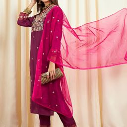 Sangria Floral Embroidered Sequinned Pure Silk Straight Kurta With Trouser & Dupatta-18