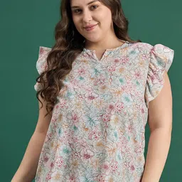 DressBerry Curve Women Floral Print Flared Sleeve Crepe Top-image-7