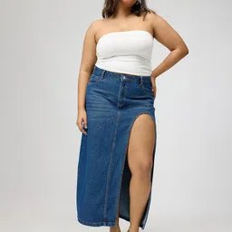 FREAKINS Blue Curve Front Open Slit Midi Skirt-image-4