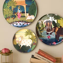 Ritualistic 3-Pcs Yellow & Green Dwarka Pichwai Printed Round Wall Plates-11