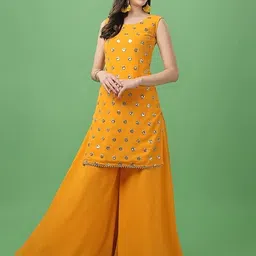 PARROT CREATION Women Embroidered Regular Sequinned Kurta with Sharara & With Dupatta image 3