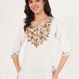 Brownverse Floral Embroidered Round Neck A-Line Kurti-image-93