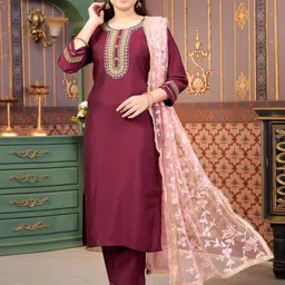 BAESD Girls Floral Embroidered Thread Work Pure Silk Kurta With Trousers & Dupatta-image-94