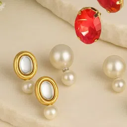 ORANGENYSHA Set Of 3 Gold-Plated Kundan & Crystal Studded Oval Shaped Studs-picture-14