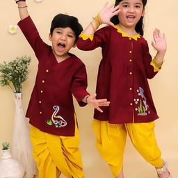 JUNITOS Girls Animal Embroidered Regular Thread Work Pure Cotton Kurti with Dhoti Pants-image-91